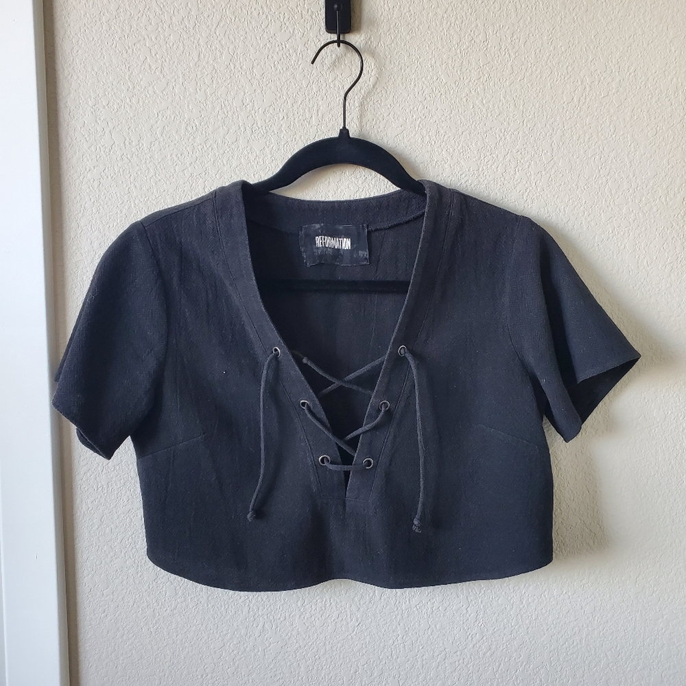 Reformation black lace up crop top - Picture 2 of 5